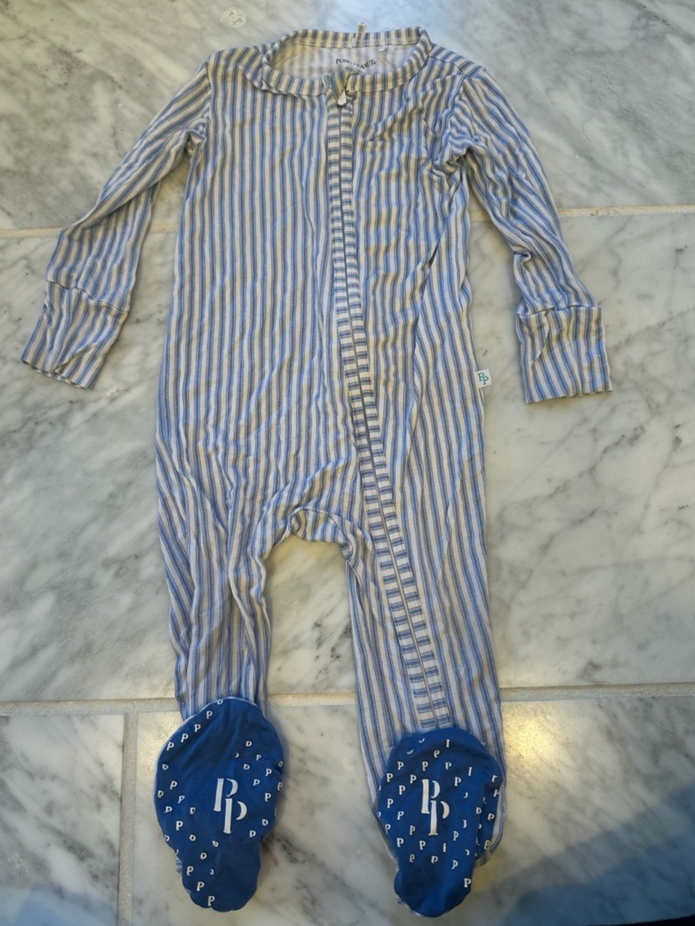 Posh Peanut Striped Blue & White Footed Baby One-Piece Pajama-